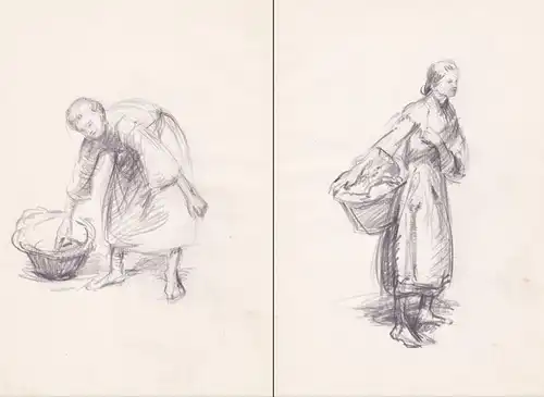(Fischerfrau mit Korb / Fisherwoman with a basket) - Pêcheuse au panier / Zeichnung dessin drawing