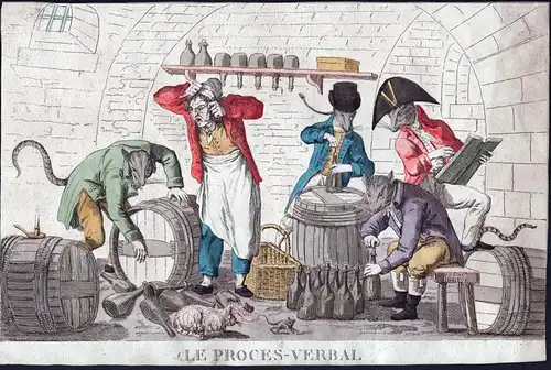Le Proces-Verbal / Satire on excise duty: four excisemen depicted as rats open all the bottles in the cellar o