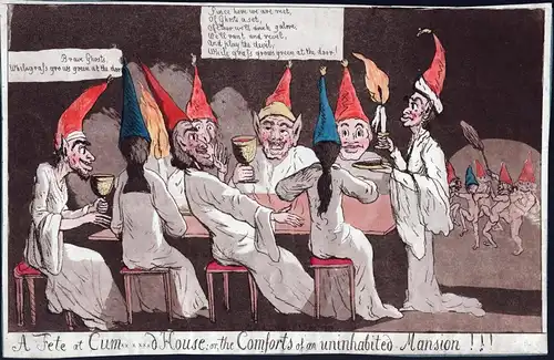 A Fete at Cum....d House, or, the Comforts of an uninhabited mansion!!! / Depicts seven ghosts with long white