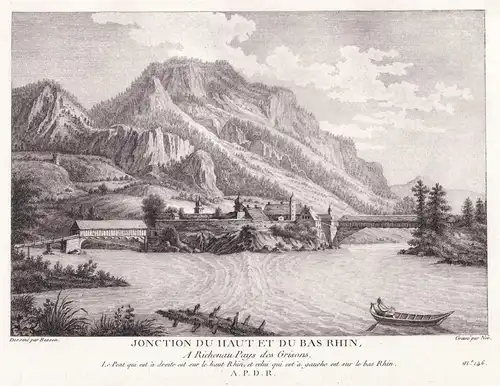 Jonction du Haut et du bas Rhin, A Richenau Pays des Grisons. - Reichenau Tamins Graubünden Rhein gravure Kupf