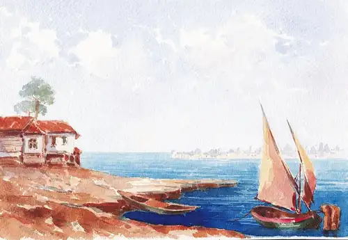 (Hafenszene mit Segelboot. / Port scene with sailing boat.)