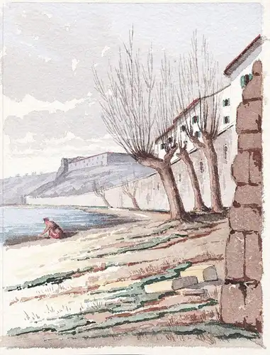 (Flussszene mit Mauer und Gebäuden / River scene with a wall and buildings)