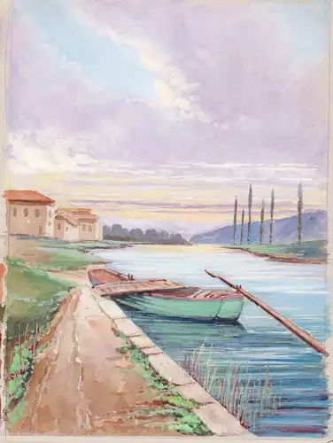 (Flussszene mit Fischerboot / River scene with fishing boat)