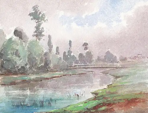 (Flusslandschaft mit Brücke. / River landscape with bridge.)