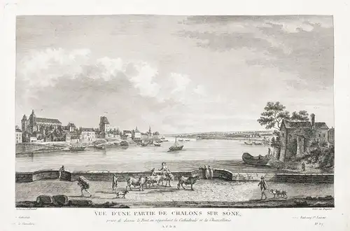 Vue d'une partie de Chalons sur Sone prise de dessus le Pont en regardant la Cathedrale et la Chancellerie - C