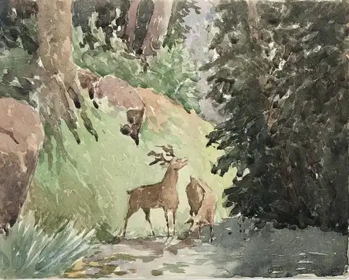 (Waldlandschaft mit Reh und Hirsch / forest landscape with deer)