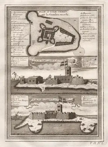 Plan de l'ile James sur la Gambra en 1732. / Vue du Fort James du cote du Nord-Est / Vue du Fort James du coté