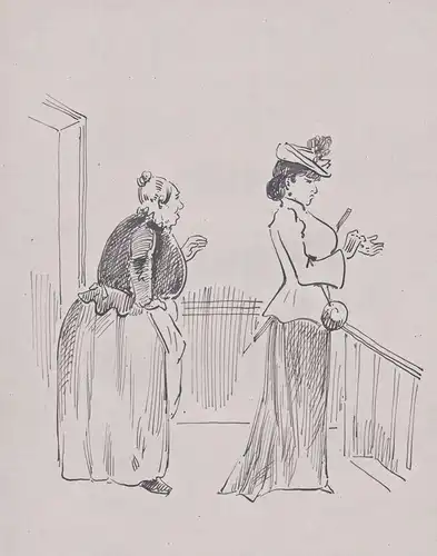 (An older and a younger woman about to walk down a flight of stairs; perhaps a lady and her servant) / women F