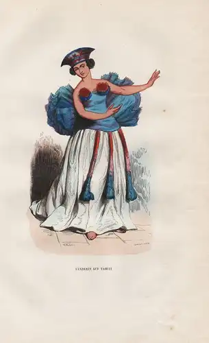 Tänzerin auf Tahiti - Tänzer Tahiti Insel America Tracht Trachten costumes Graphik handkoloriert