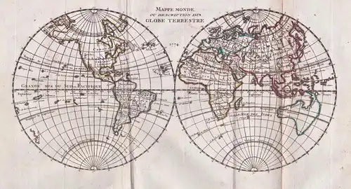 Mappe Monde ou Description du Globe Terrestre - Weltkarte World map Mappemonde