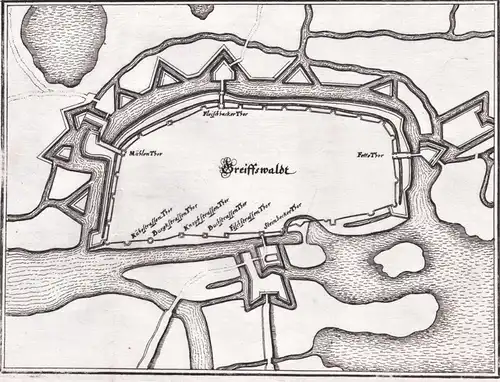 Greiffswalde - Greifswald Stadtplan Befestigungsplan Mecklenburg-Vorpommern