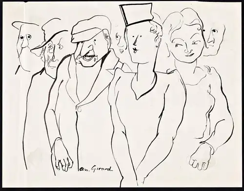 (Group of older people with two younger women) - caricature Karikatur / drawing dessin Zeichnung