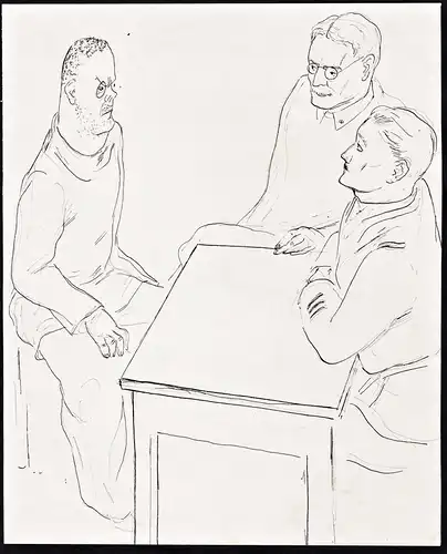(Three men sitting at a table) - drawing dessin Zeichnung