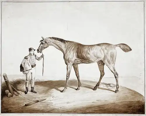 (Pferd mit Reiter) - horse horses cheval / rider / Biedermeier / Aquarell watercolor drawing dessin