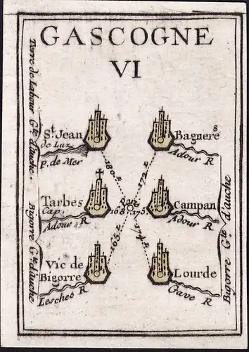 Gascogne VI - St. Jean Bagneres Tarbes Campan Vic de Bigorre Lourde / France Frankreich / map Karte carte