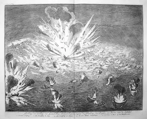 afbeelding der werking van Gianibellies brandtscheepen tegens de Schipbrug des Prinsen van Parma over de Schel