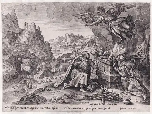 Victima per Manuen, domino mactatur opima... - The angel departing from Manoah and his wife Bibel Bible