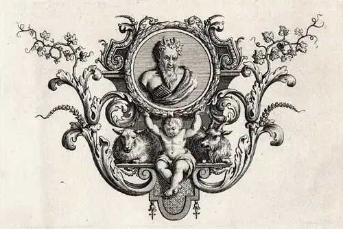 Ornamental engraving with putto, sheep and ram, and a portrait