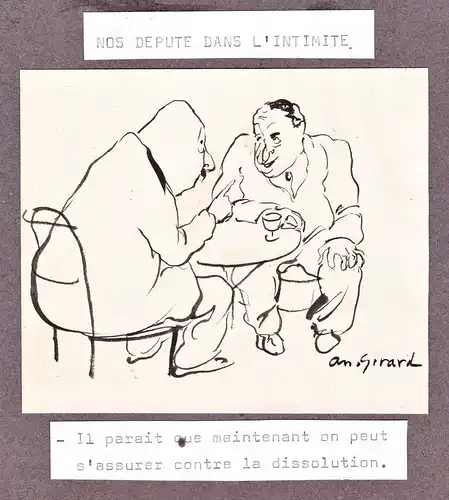 Nos depute dans l'intimite - Two men at a table, having a conversation / caricature Karikatur / drawing dessin