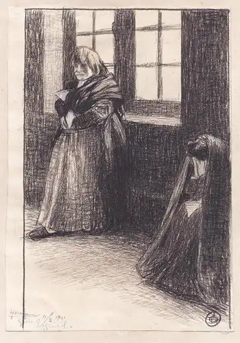 (Two women mourning side by side; one of them seated and the other one standing by the window)