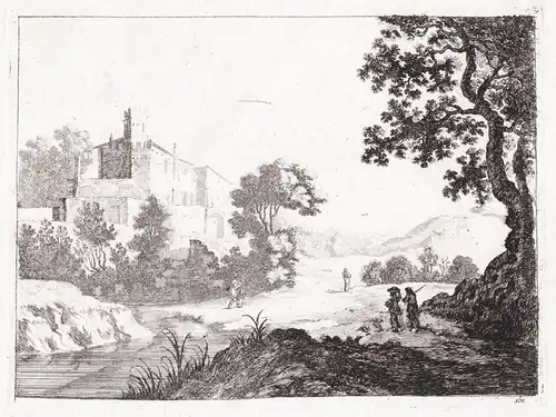 Landscape with river, trees, a house on the left and four travelers (152)