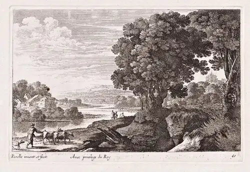 Landscape with river, a man with two cows and a dog, and 3 fishermen (40)