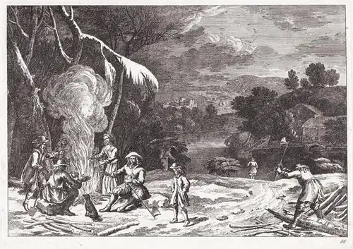 Landscape with people sitting by the fire; a man on the right is chopping wood (138)