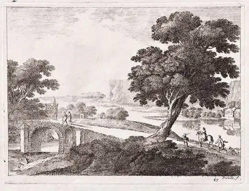 Landscape with various people crossing a bridge over a river, possible in Italy (49)
