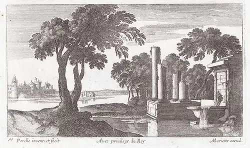 River landscape with ancient Roman ruins and a fountain (90)