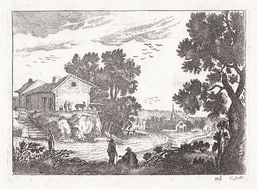 Rural landscape with church in background and two people sitting by the side of the road (126)