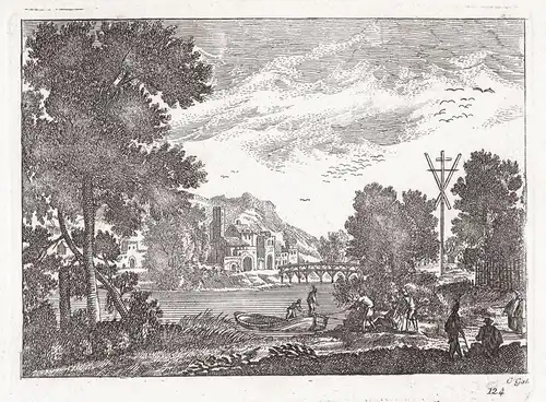 Landscape with a bridge over the river and three men bringing a boat to shore (124)