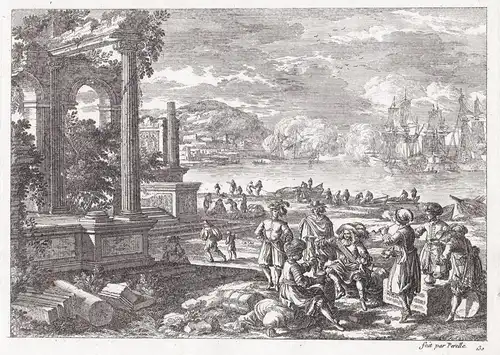 Harbor scene with ancient Roman ruins and people on the shore (130)