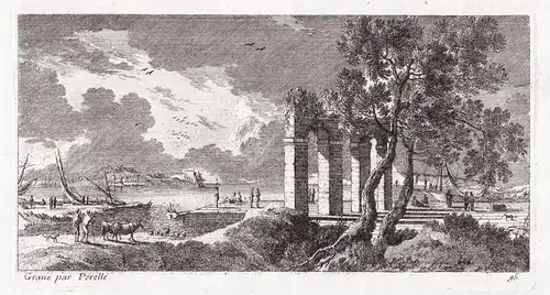 Harbor scene in the city with ruins of Roman columns and several ships (95)