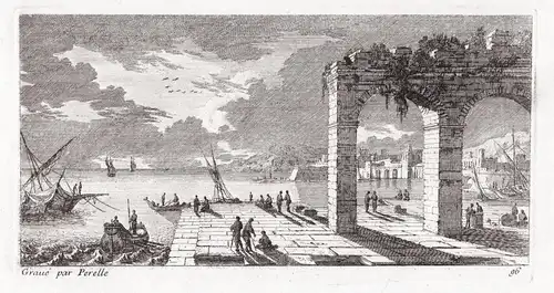 Harbor scene in the city with ruins of Roman columns and several ships (96)