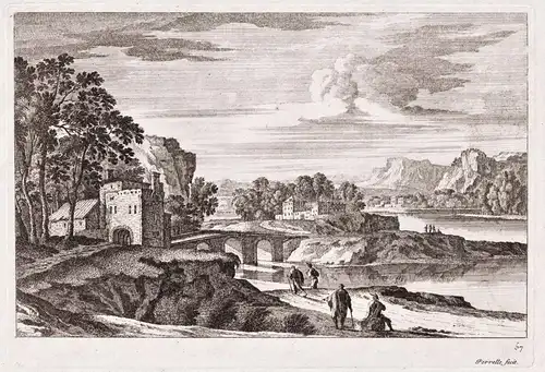 Italian landscape with bridge and several houses; mountains in the background (57)
