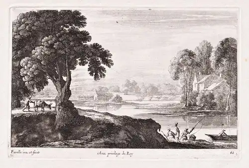 Landscape with fishermen by the river, some house on the opposite river bank and a man with a donkey on the le