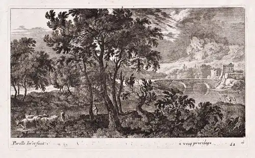 Landscape with a bridge and fortress on the right and several cows on the left, by the river (41)