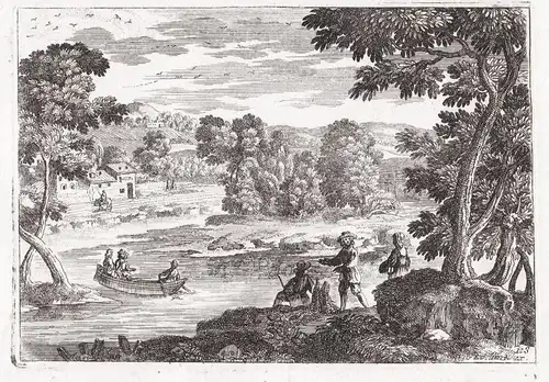 Landscape with 3 men in a boat on the river and another 3 on the shore; on the other side of the river some ho