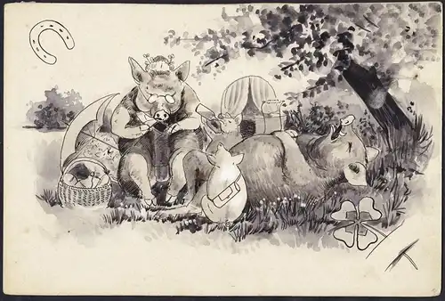 Schweine-Picknick - Karikatur / caricature / Vorzeichnung für eine Illustration im F. W. von Klitzing Verlag,