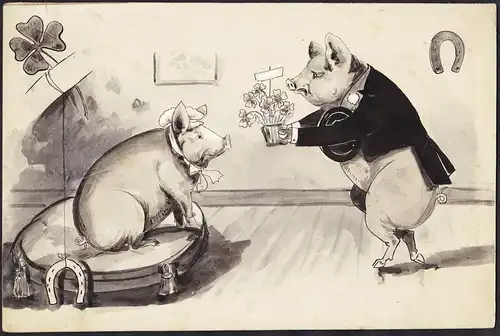 Schweine-Liebespaar - Karikatur / caricature / Vorzeichnung für eine Illustration im F. W. von Klitzing Verlag
