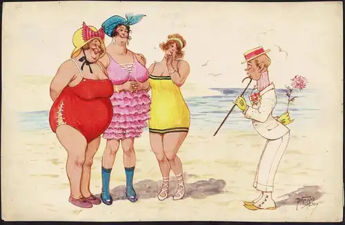 Das Urteil des Paris - Humoristische Strandszene mit einem männlichen Verehrer und drei Damen in Badeanzügen.