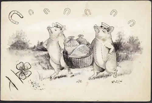 Schweine mit Studentika-Mützen tragen einen Korb voll mit Gold / Schweine bringen Glück - Karikatur / caricatu