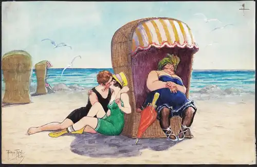 In guter Deckung - Ein junges Liebespaar am Strand, im Schatten eines Strandkorbs mit etwas dickerer Frau. Ein