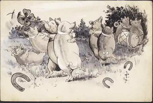 Tanzende Schweine auf eine Wiese / Pigs dancing on a meadow - Karikatur / caricature / Vorzeichnung für eine I
