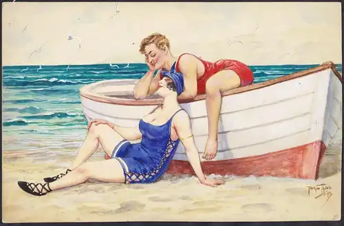 Humoristische, erotische Strandszene / Liebespaar - Vermutlich eine Vorzeichnung für eine Ansichtskarte - Kari
