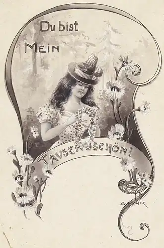 Du bist mein Tausendschön - Junges Mädchen mit Blumen / Young girl with flowers / Jugendstil Art Nouveau / Ver