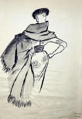 (Woman wearing a large scarf around her neck) - Frau femme Fashion / scarf Schal / Modezeichnung Mode Zeichnun