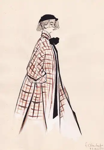 (Woman wearing a coat and hat) - Frau femme Fashion / Mantel Hut / Modezeichnung Mode Zeichnung 50er 1950er