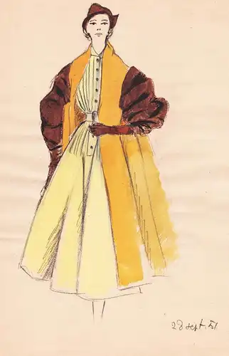 (Woman in a yellow dress) - Frau femme Fashion / Modezeichnung Mode Zeichnung 50er 1950er