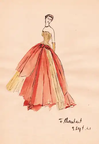 (Woman wearing an evening dress) - Frau femme Fashion / Modezeichnung Mode Zeichnung 50er 1950er